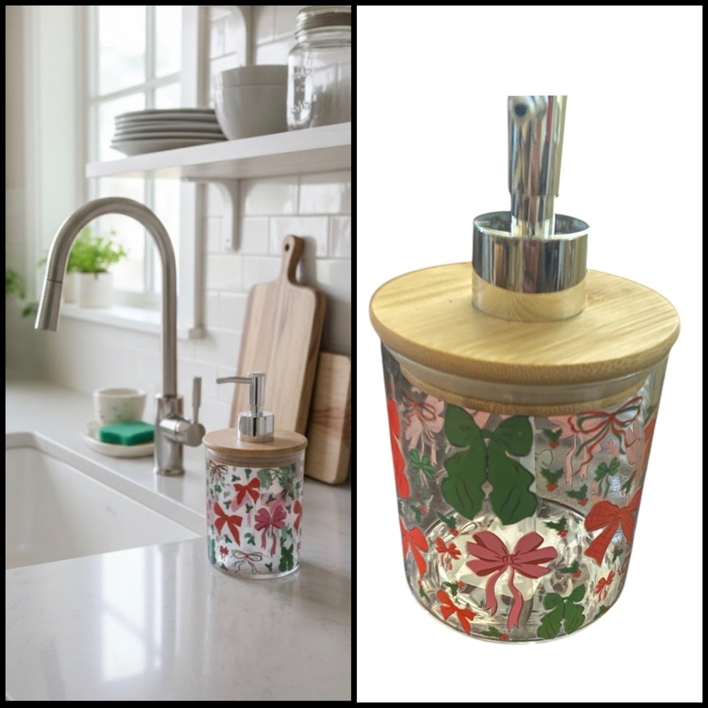 Festive Bow Floral Glass Cylindrical Soap Dispenser with Bamboo Lid Silver Pump